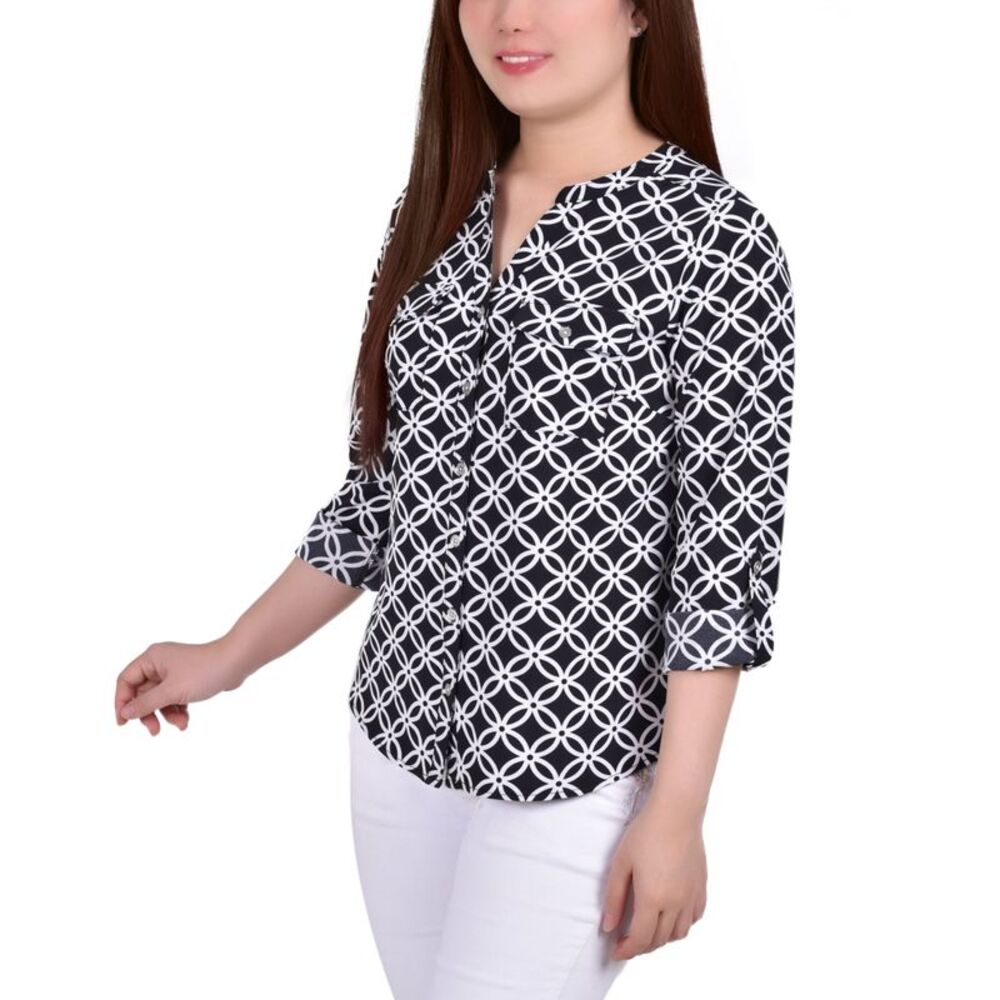 NY Collection Petite 3/4 Sleeve Roll Tab Y Neck Blouse